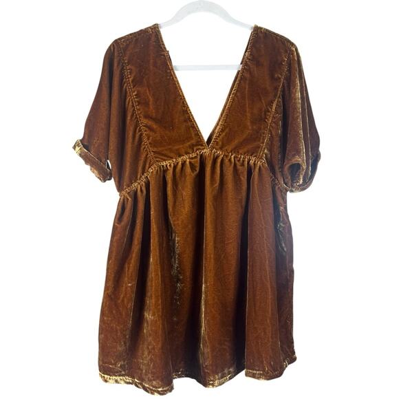 Free People Ivy Velvet Mini Dress Gold Rust XS Swing Flowy Cottage Boho Oversize - Picture 2 of 9